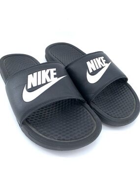 Nike Benassi Slides Mens 10 Black White Swoosh Logo Sandals NWOT